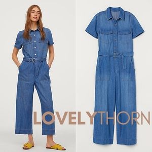 H&M // short sleeved organic cotton denim belted wide leg ankle jumpsuit
